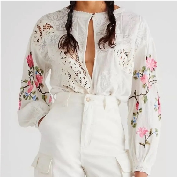 Free People Tops - Free People White Embroidered Making Harmony Bodysuit